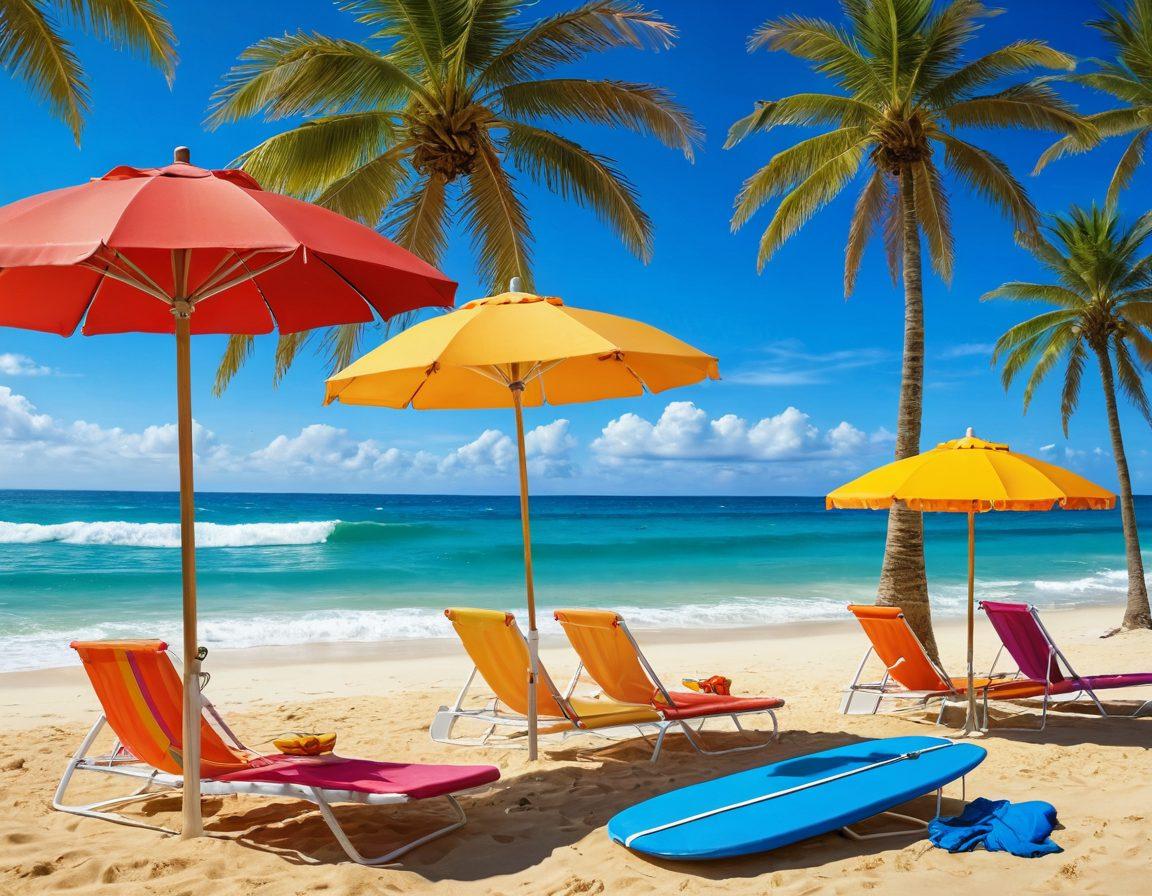 A vibrant beach scene featuring diverse people flaunting stylish swimwear under a bright sun, palm trees swaying in the breeze, a colorful beach umbrella, and a surfboard in the sand. Include fashionable accessories like sunglasses and beach hats for extra flair. Capture a sense of fun and leisure in the atmosphere. super-realistic. vibrant colors. sunny background.